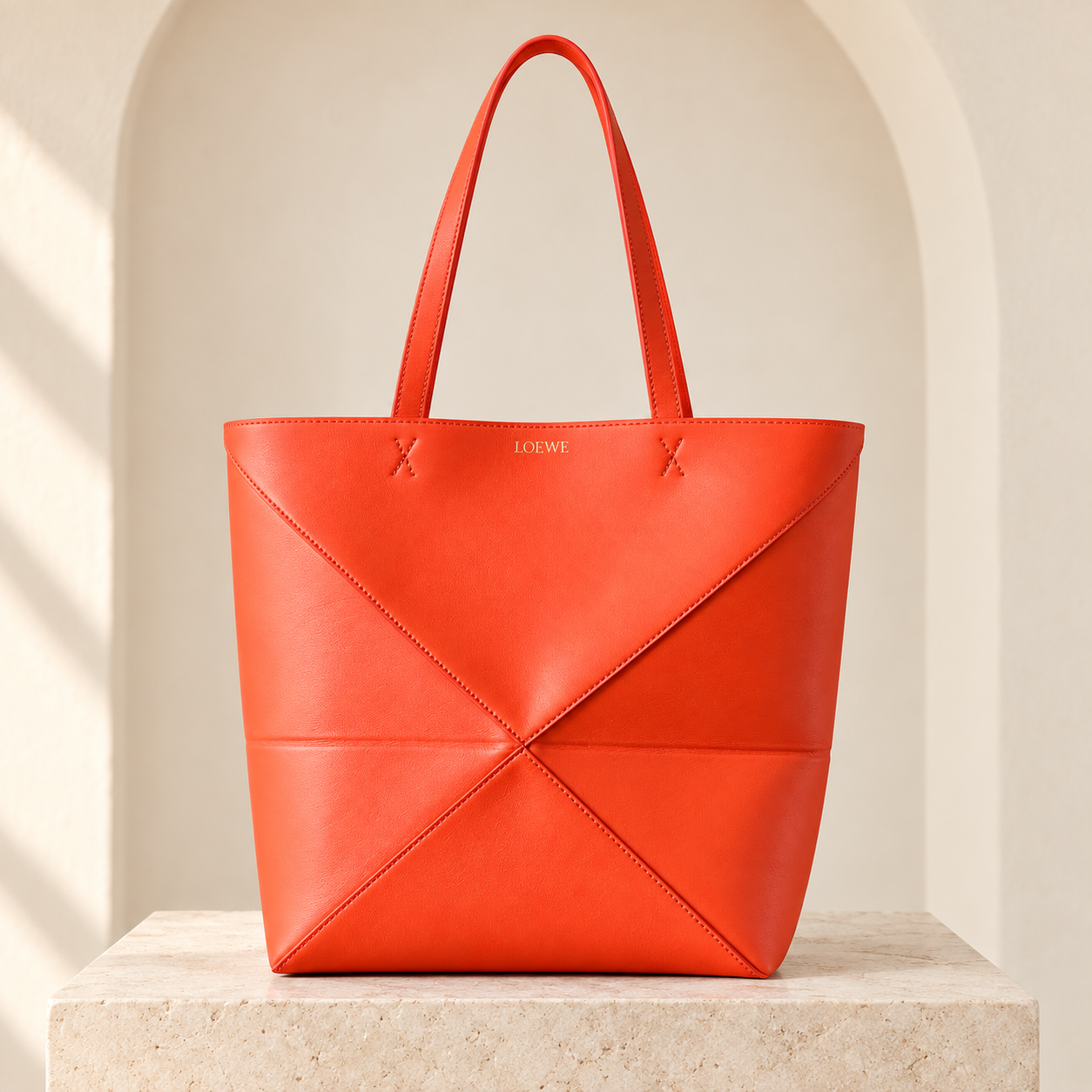Puzzle Fold Tote - Medium, Vibrant Orange Glossy Calfskin