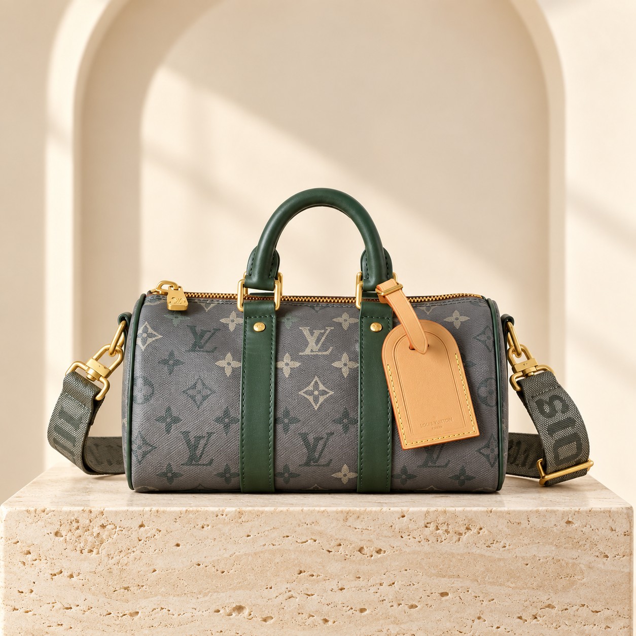 Louis Vuitton Keepall Bandoulière 25 in Military green, front view
