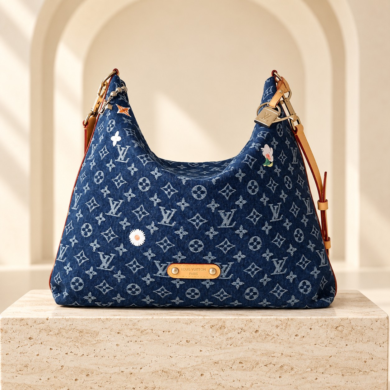 Louis Vuitton Vagabond Hobo in Blue floral denim, front view