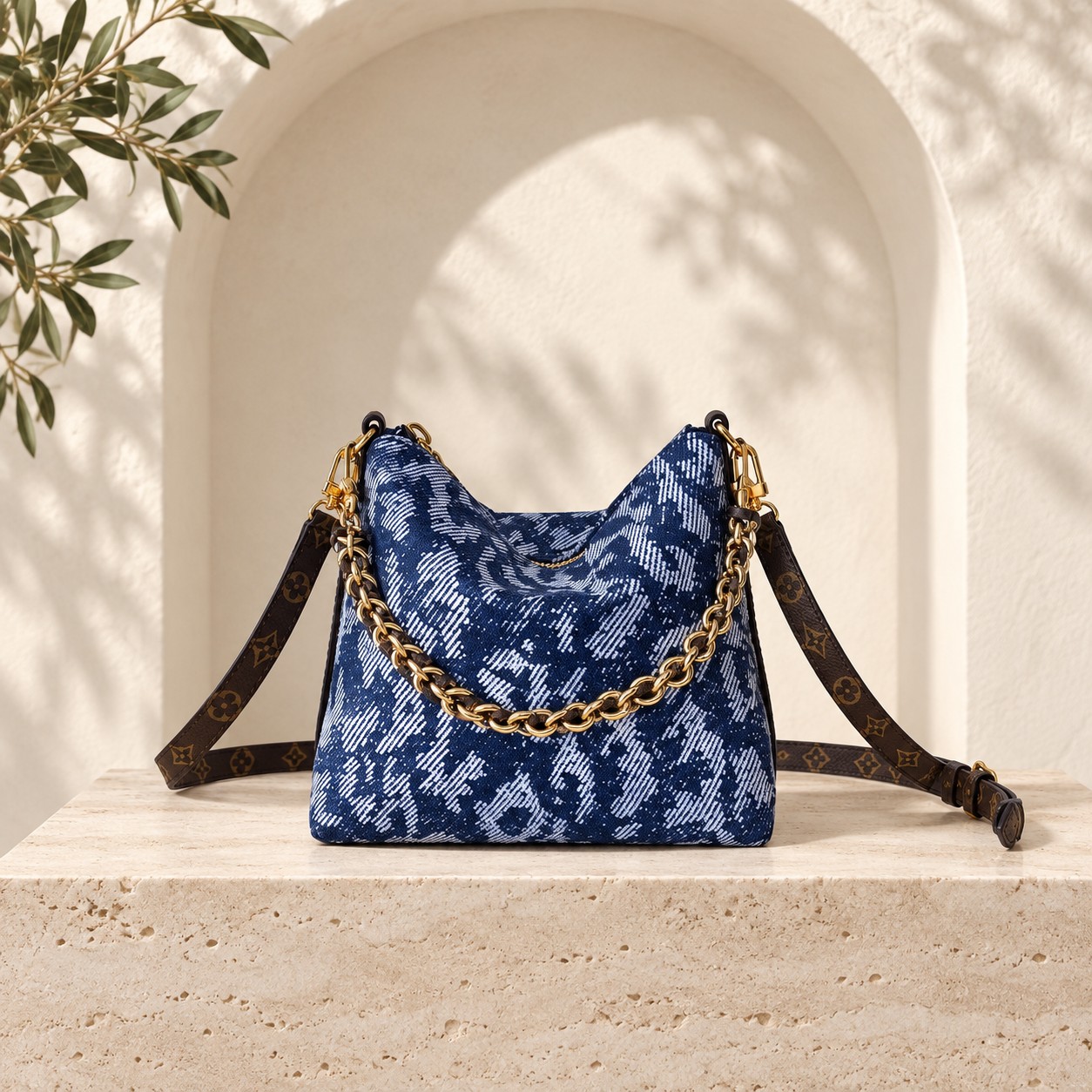 Multipass Mini Monogram Denim shown upright from the supplier-selected front on a warm neutral studio background