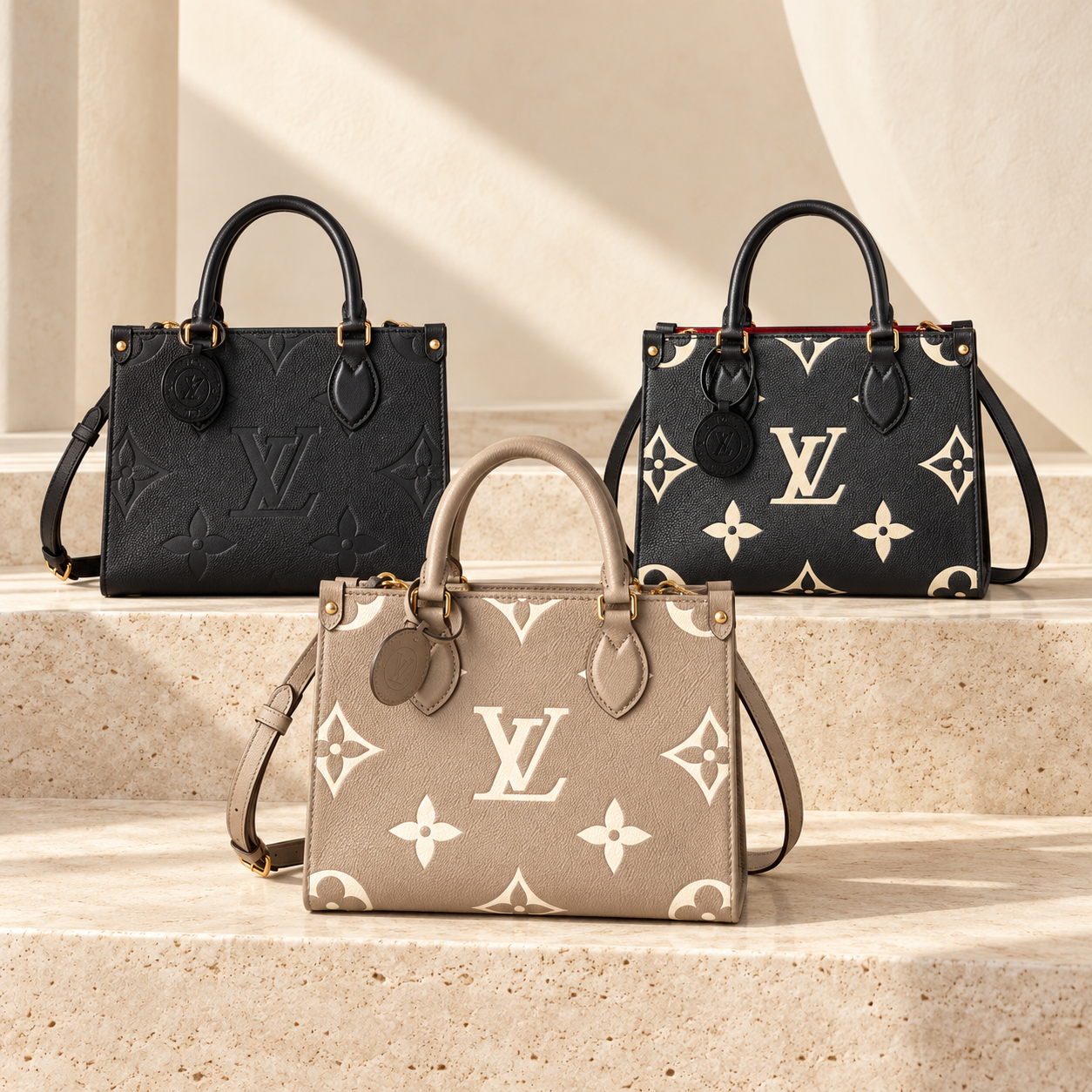 Three compact embossed leather OnTheGo PM totes in tonal black, black and cream, and tourterelle and cream on warm stone steps.