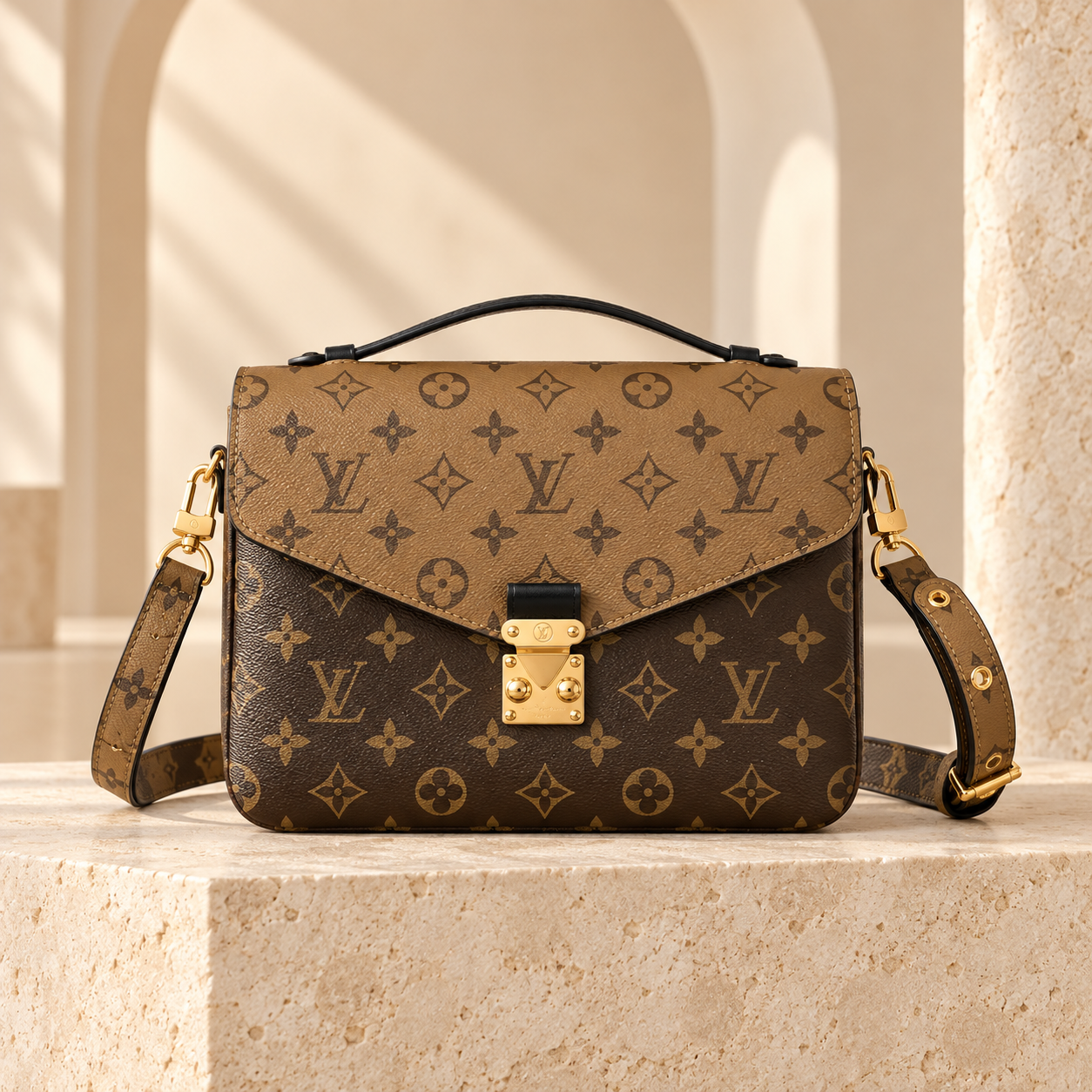 Brown and tan Monogram Reverse satchel with black leather trim and gold tone hardware in a warm stone setting.