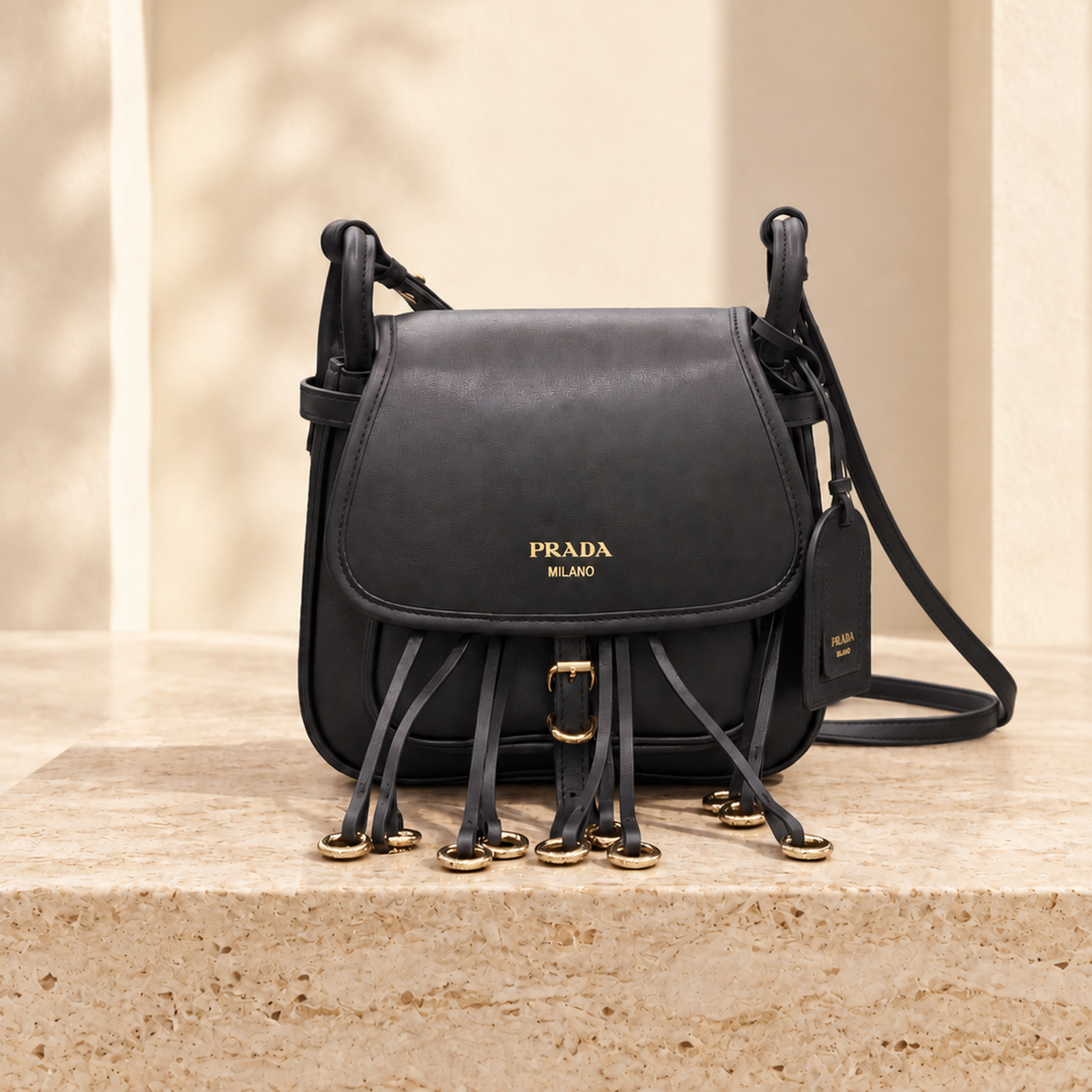 Prada Corsaire Smooth Shoulder Bag in Black, straight-on front view