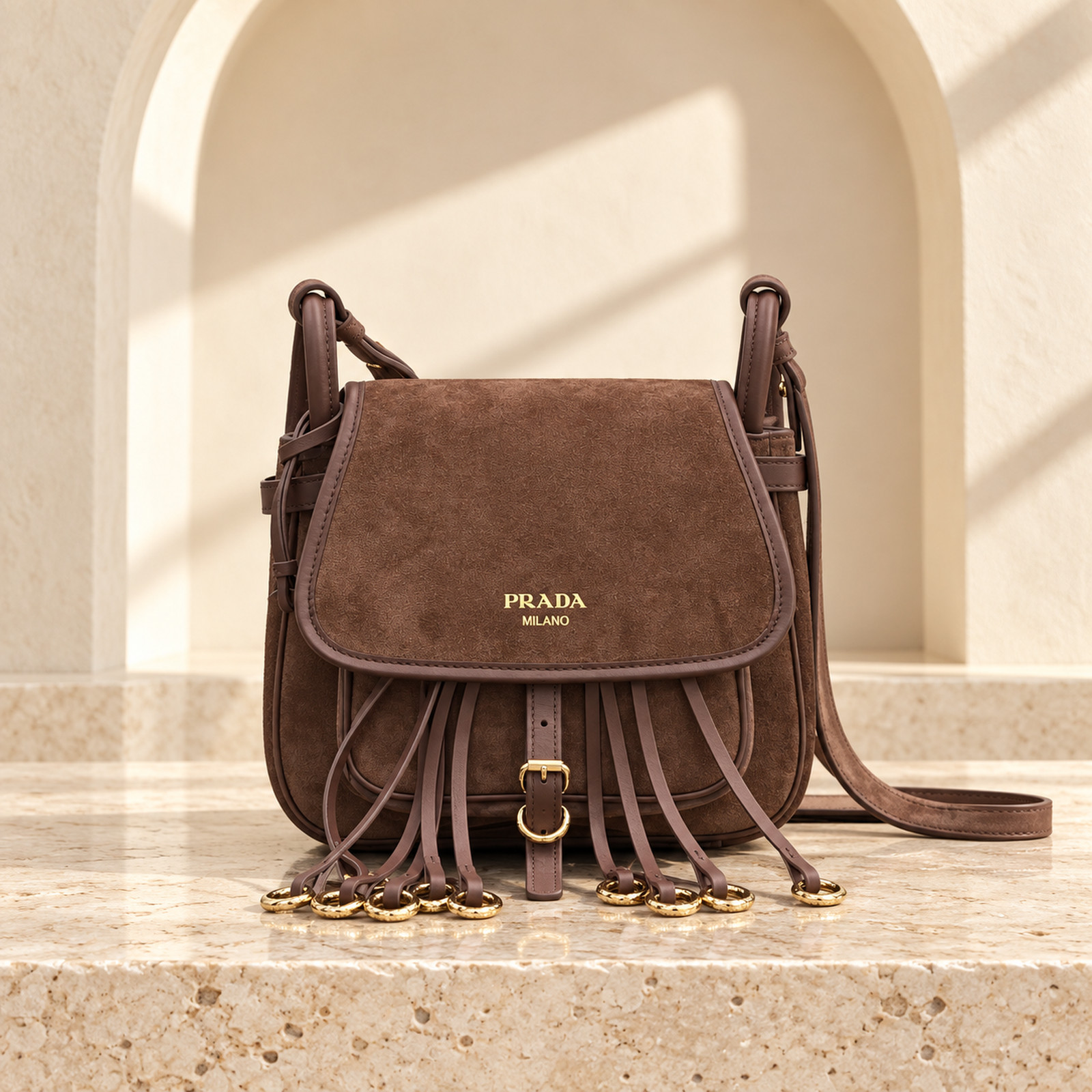 Prada Corsaire Suede Shoulder Bag in Chestnut, straight-on front view