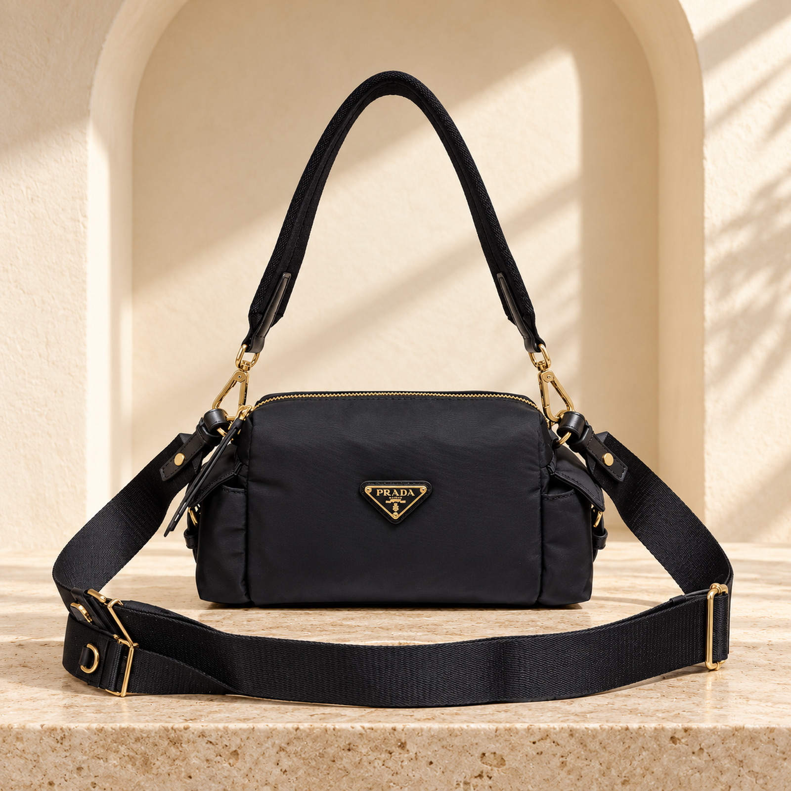 Prada Explore Small Multi-Pocket Bag in Black, straight-on front view
