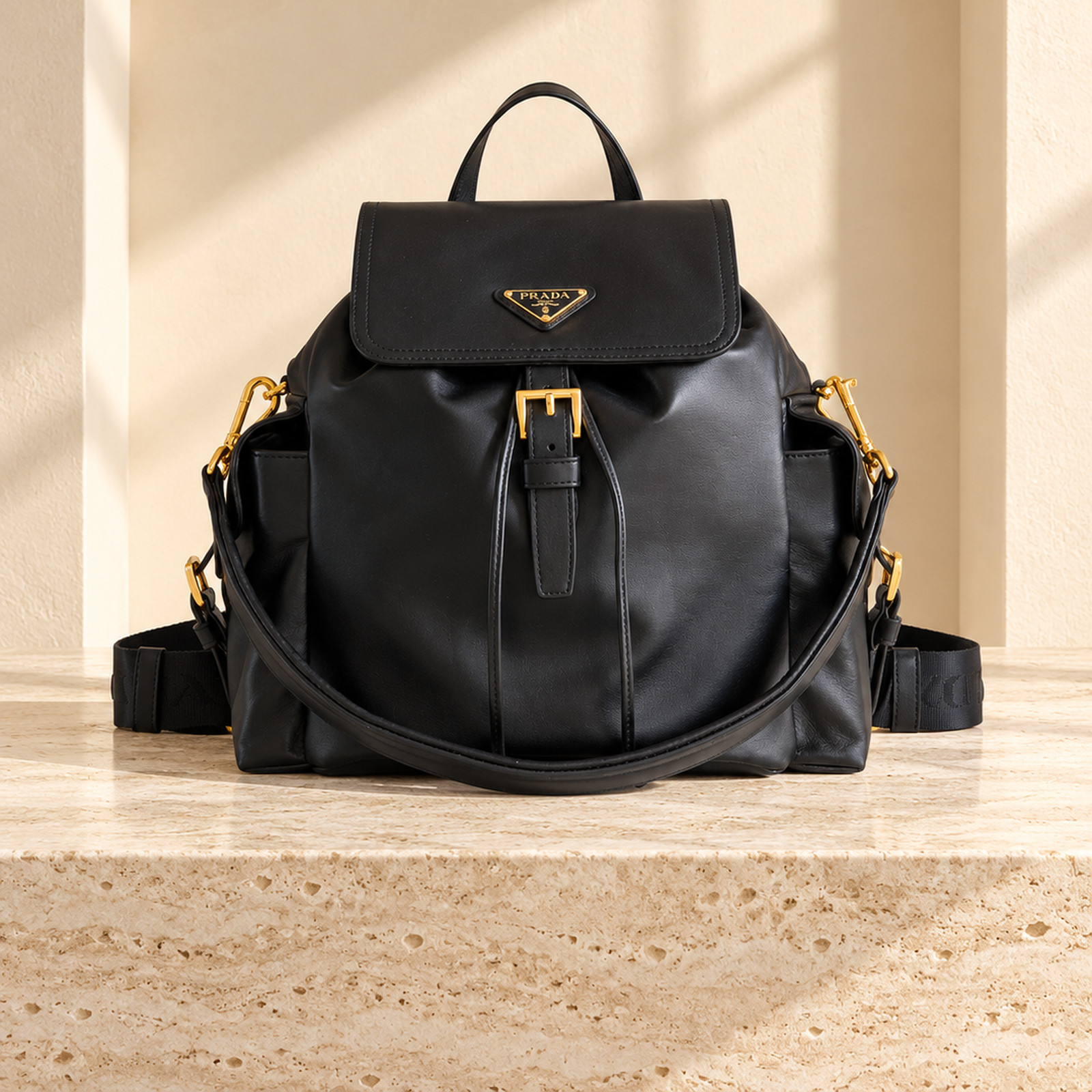 Prada Explore Leather Backpack in Black, straight-on front view