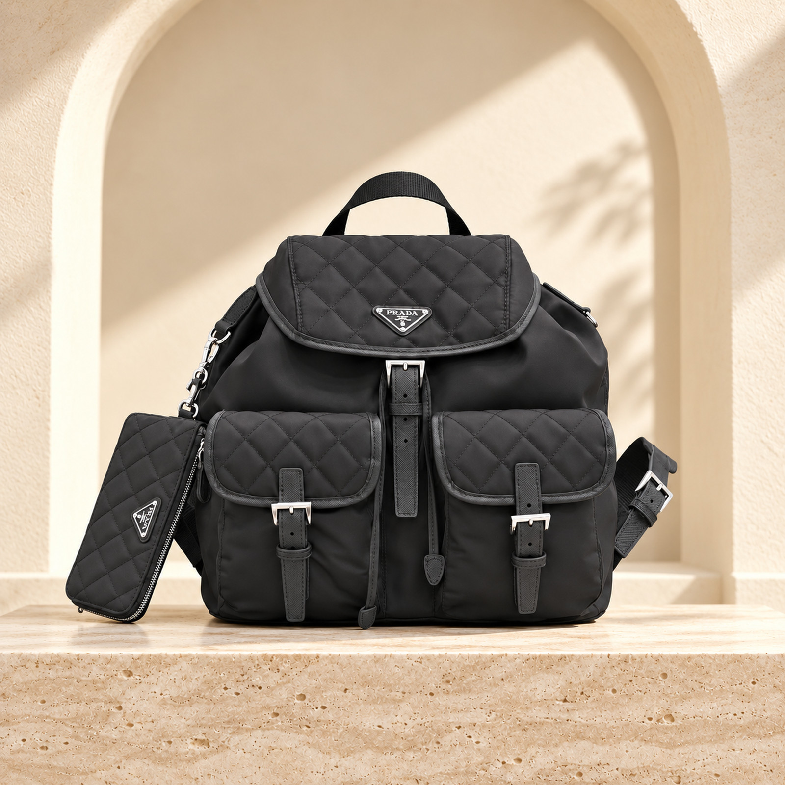 Prada Quilted Re-Nylon Two-Pocket Backpack, straight-on feature image