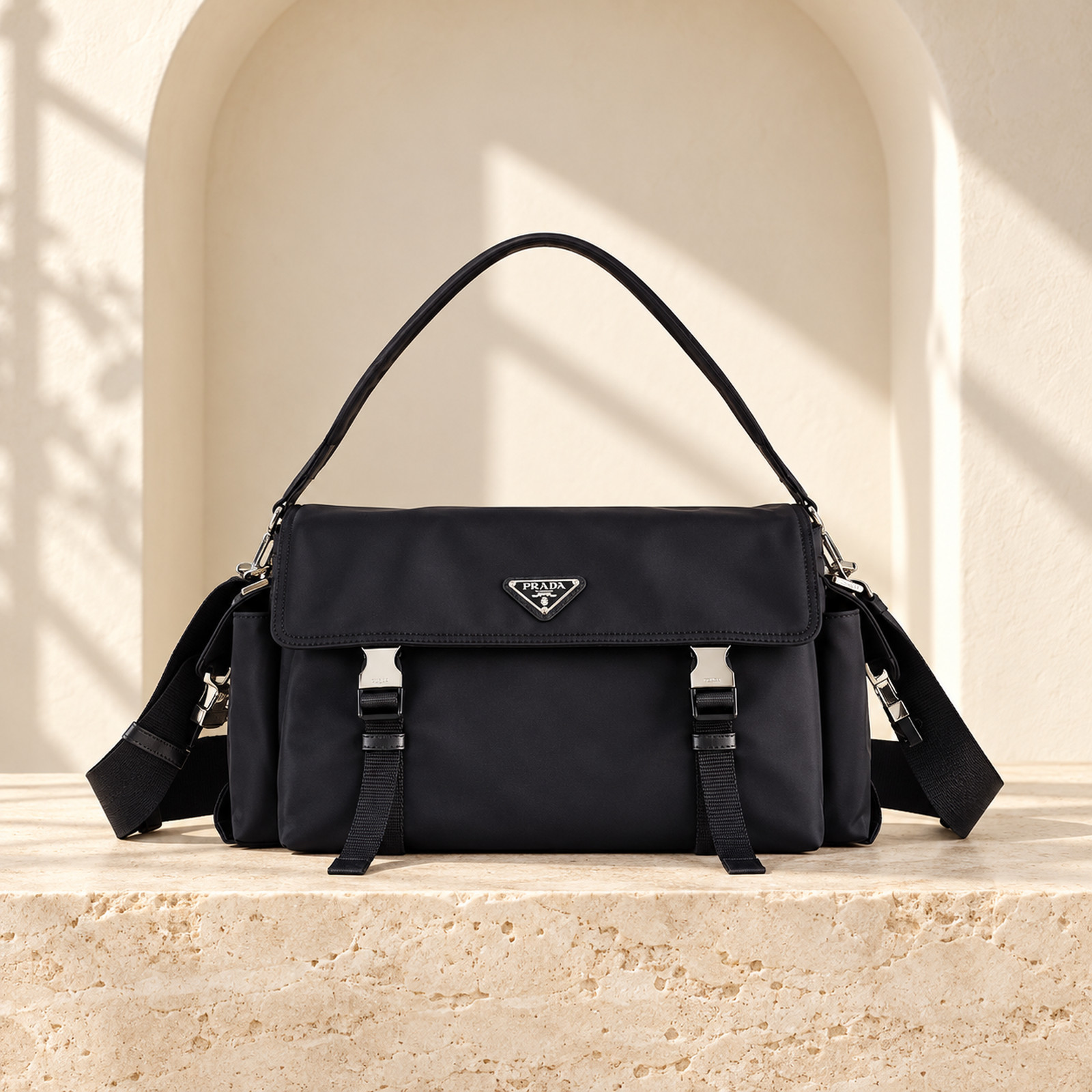Prada Explore Large Flap Messenger in Black, straight-on front view