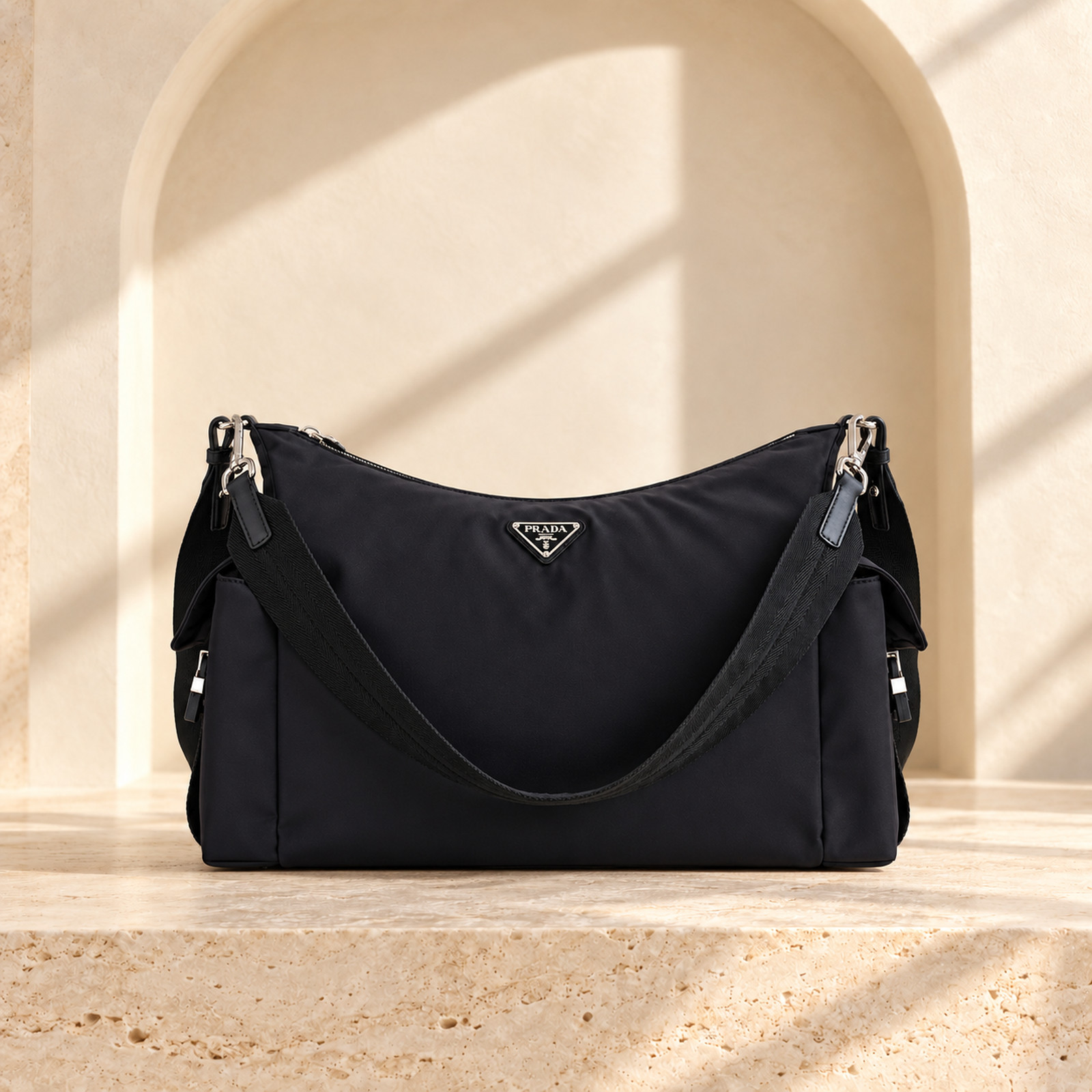 Prada Explore Nylon Hobo — Black & Brown in Black, straight-on front view