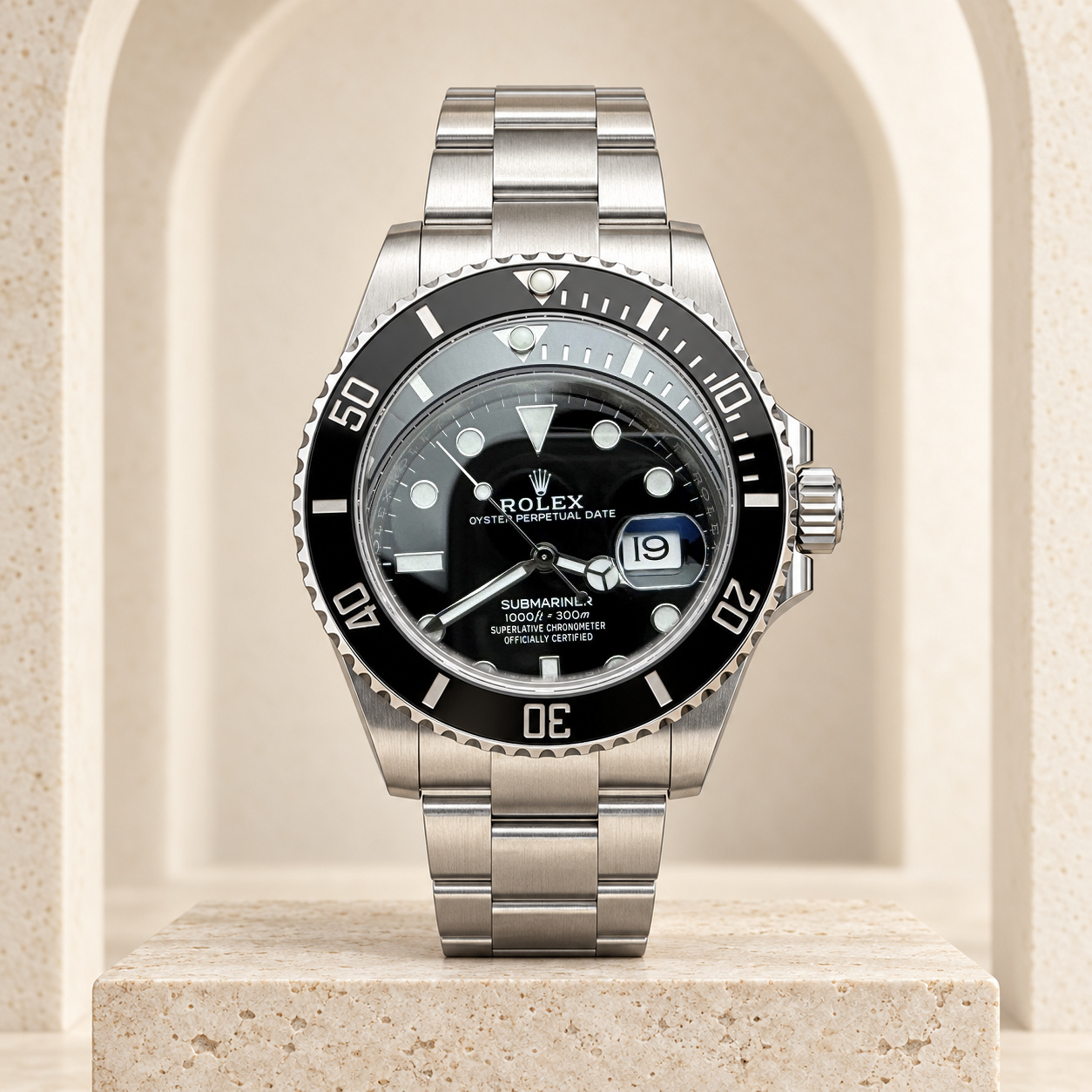 Black Date Dive Watch shown straight-on in the Lux House editorial setting