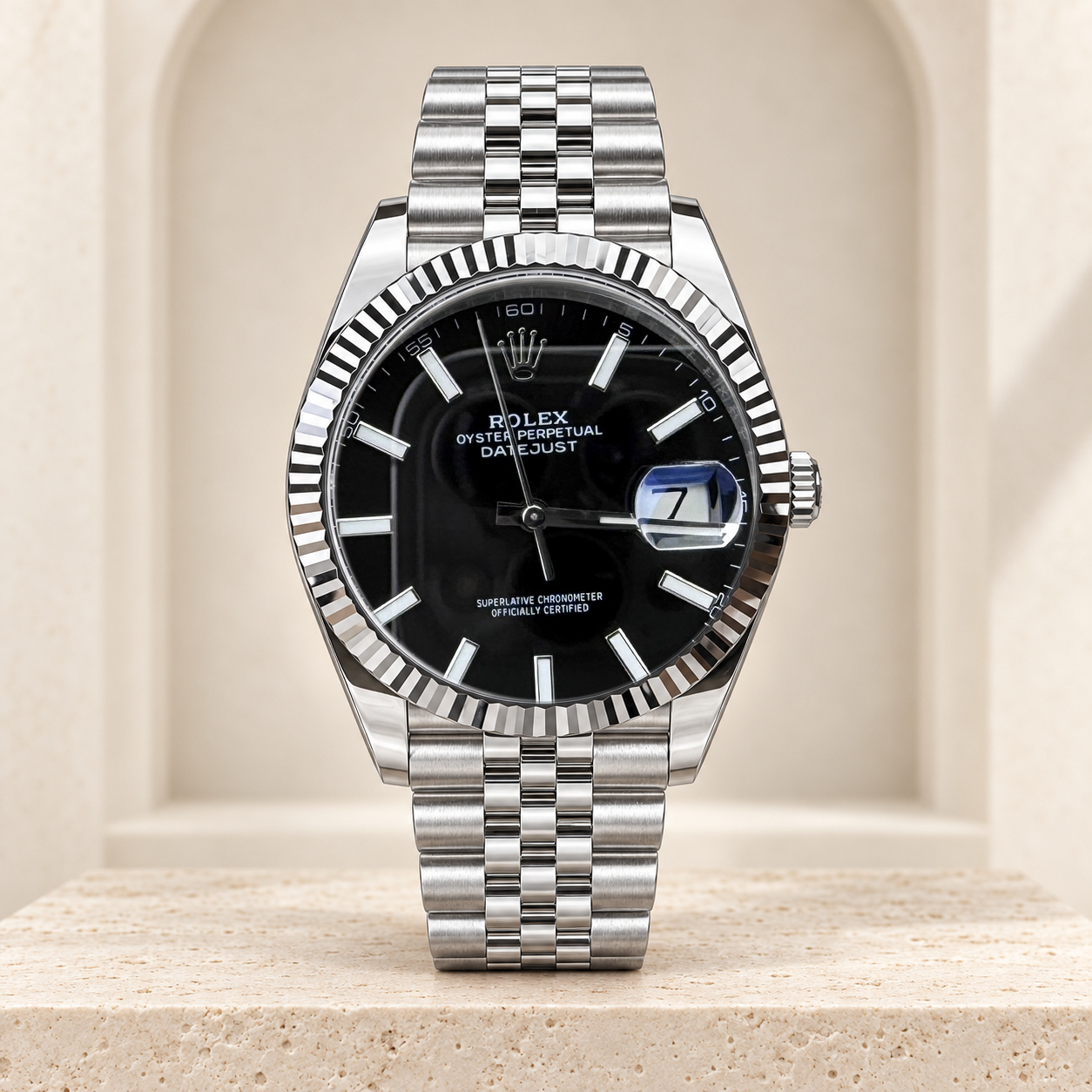 Black Dial Fluted-Bezel Watch shown straight-on in the Lux House editorial setting