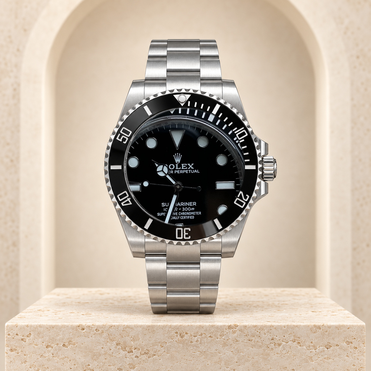 Black No-Date Dive Watch shown straight-on in the Lux House editorial setting
