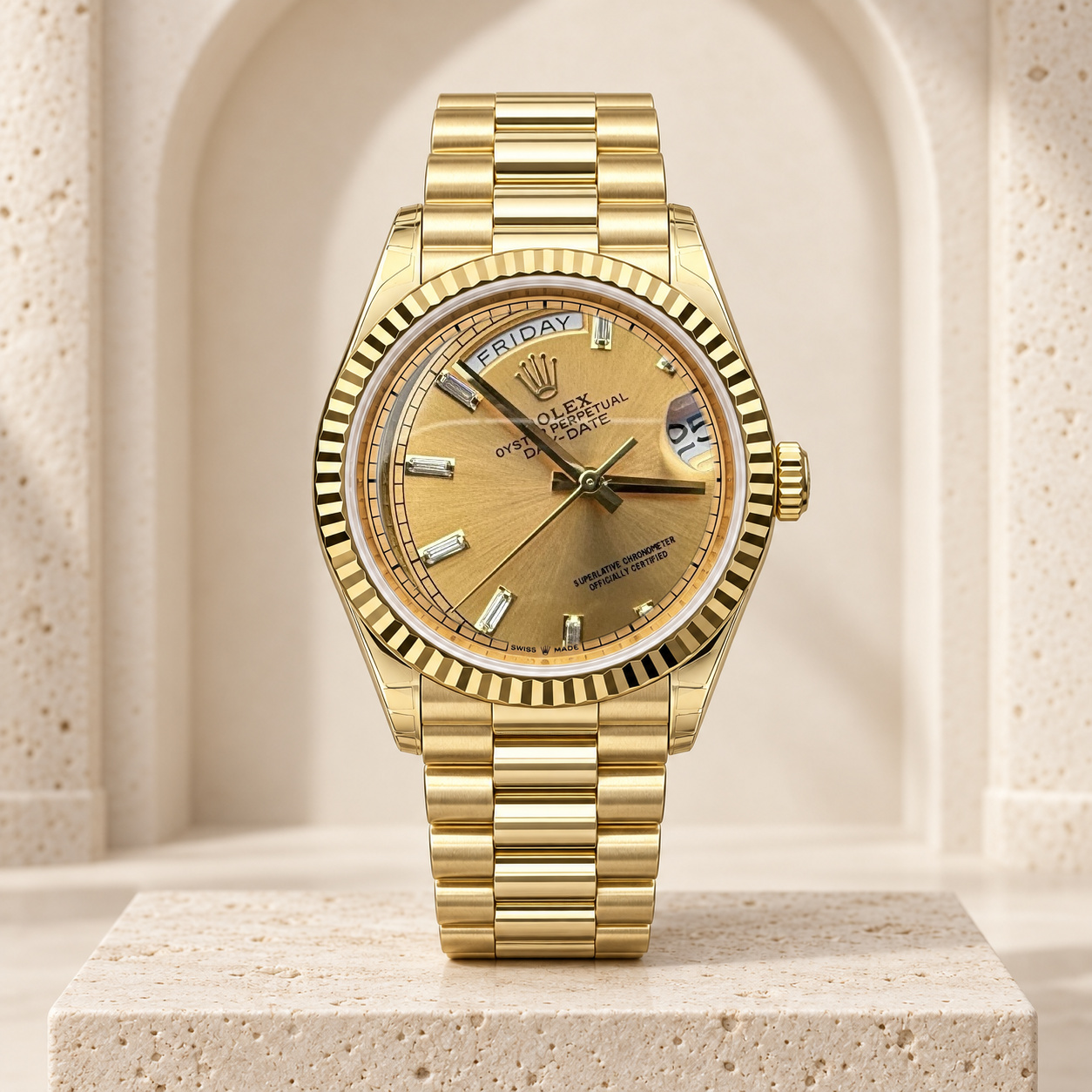 Champagne Baguette Day-Date Watch shown straight-on in the Lux House editorial setting