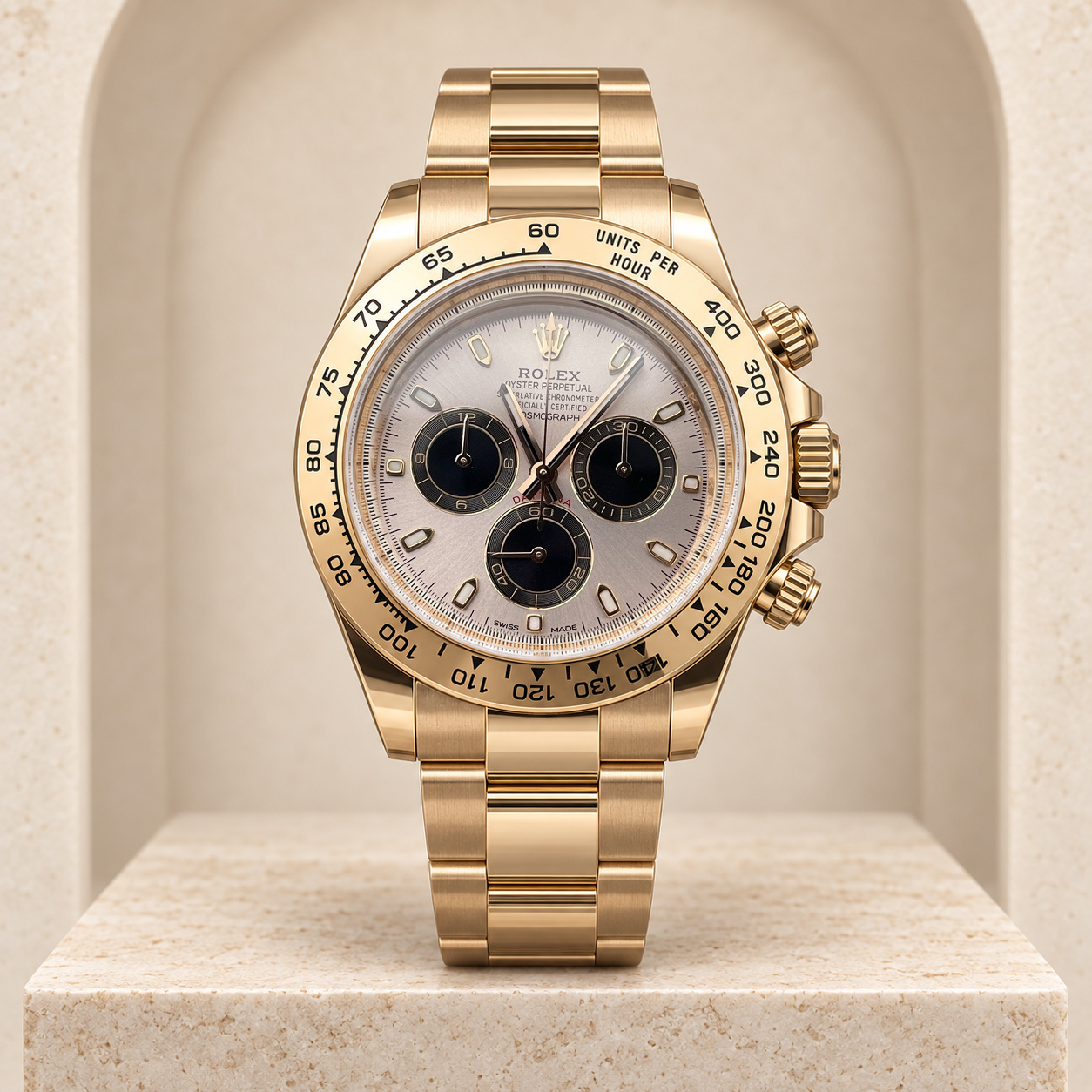 Gold-Tone Pale-Dial Chronograph shown straight-on in the Lux House editorial setting
