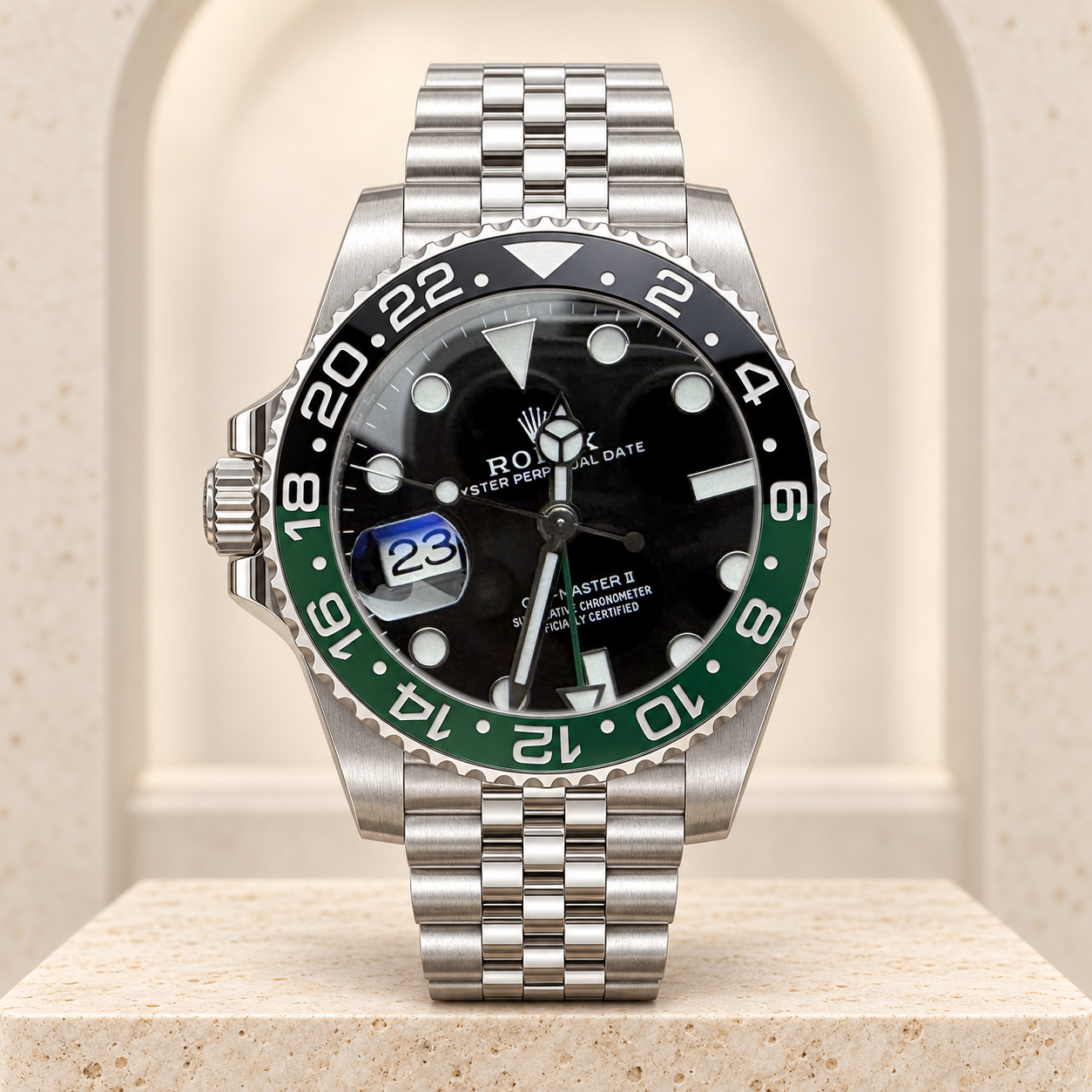 Green-Black Left-Crown GMT Watch shown straight-on in the Lux House editorial setting