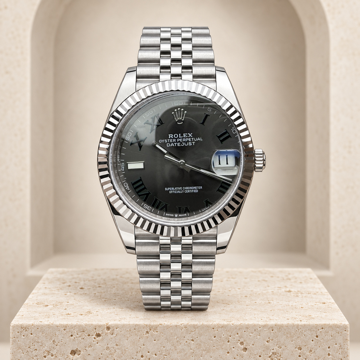 Slate Dial Green-Roman Watch shown straight-on in the Lux House editorial setting
