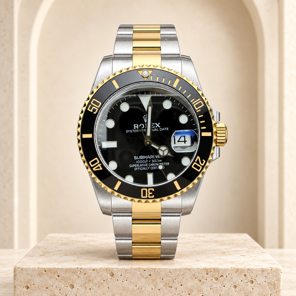 Two-Tone Black Date Dive Watch shown straight-on in the Lux House editorial setting