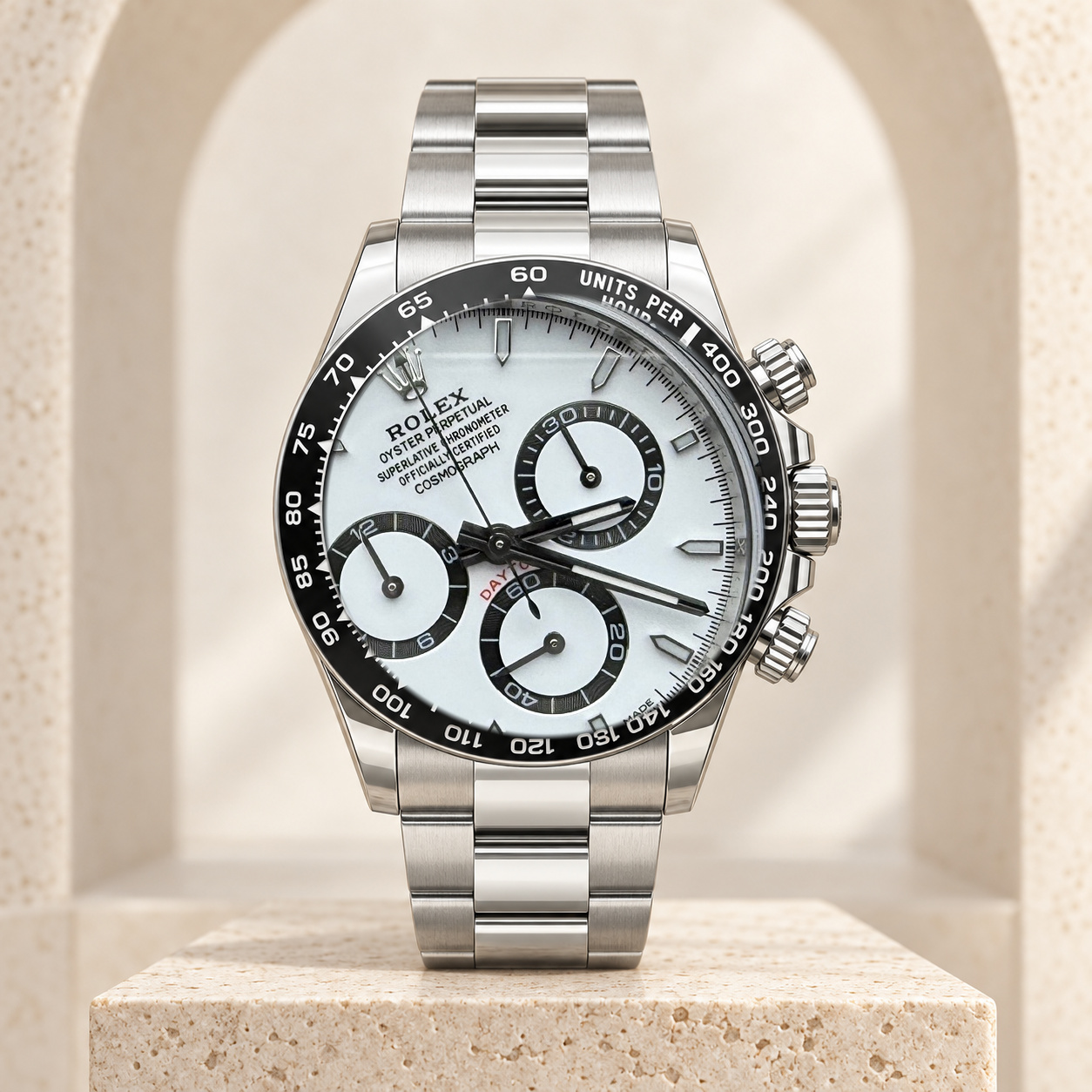 White Dial Black-Bezel Chronograph shown straight-on in the Lux House editorial setting
