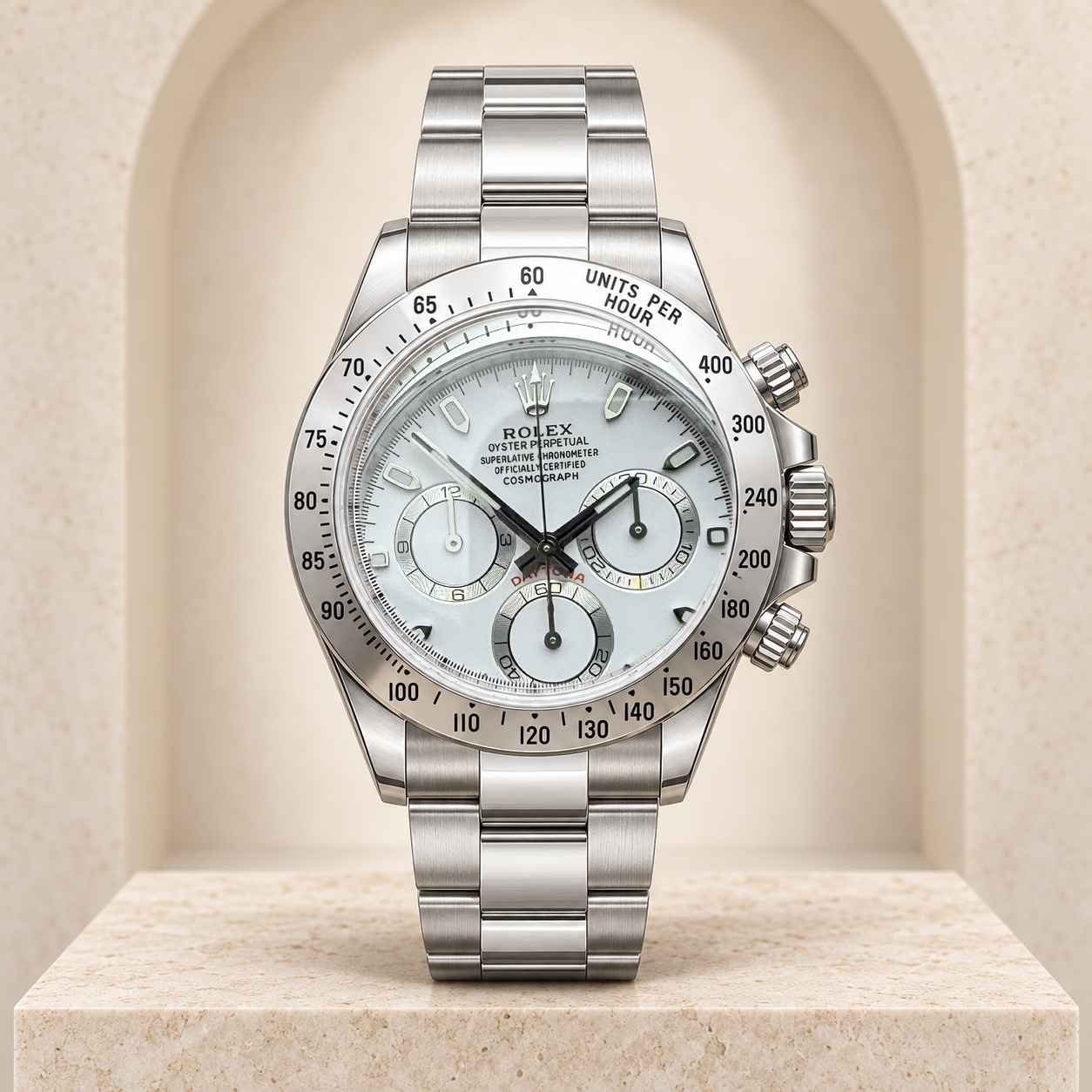 White Dial Engraved-Bezel Chronograph shown straight-on in the Lux House editorial setting