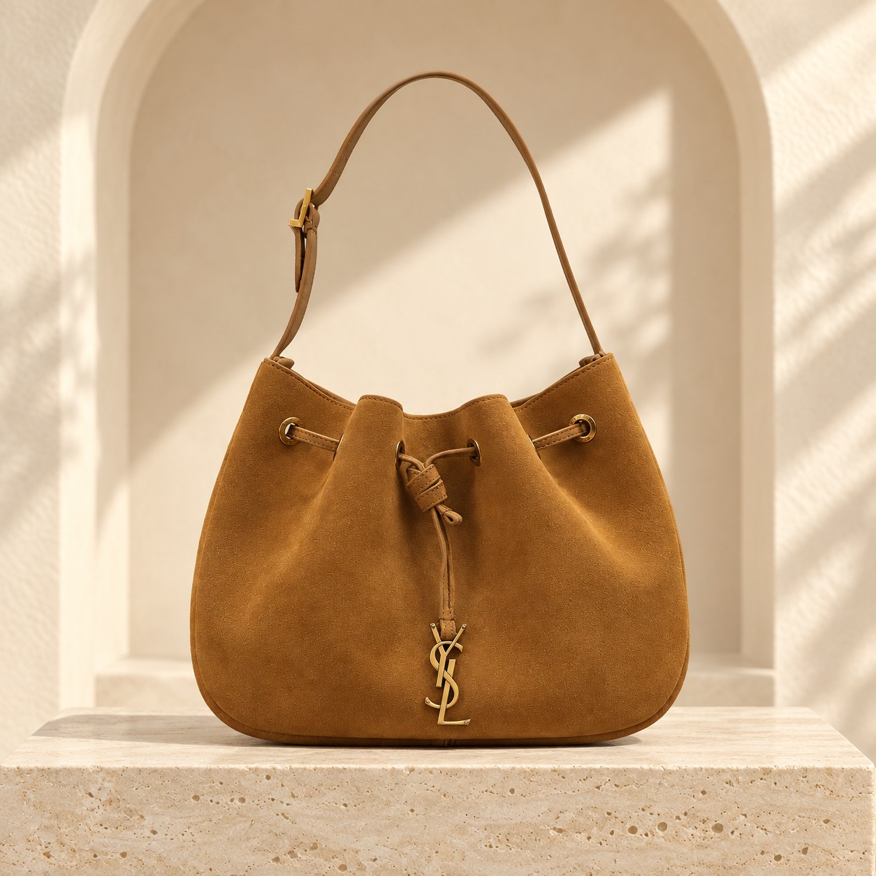 Saint Laurent Paris VII Small Hobo in Camel Suede and Dark Brown Suede