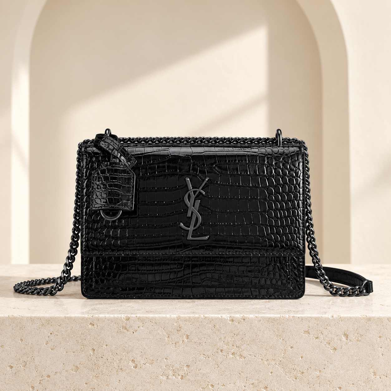 Sunset Chain Bag, Black-on-Black Textured Leather
